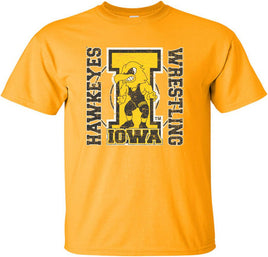 The perfect shirt to Cheer on our Iowa Hawkeye Wrestlers at Carver-Hawkeye Arena! This design features the Wrestling Herky on a big "I" and a wrestling circle. The design also says Iowa Hawkeyes Wrestling. Printed on a pre-shrunk, 100% cotton youth gold t-shirt with white, gold and black ink. All of our Iowa Hawkeye designs are Officially Licensed and approved by the University of Iowa.