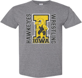 The perfect shirt to Cheer on our Iowa Hawkeye Wrestlers at Carver-Hawkeye Arena! This design features the Wrestling Herky on a big "I" and a wrestling circle. The design also says Iowa Hawkeyes Wrestling. Printed on a pre-shrunk, 50/50 cotton/poly medium gray t-shirt with white, gold and black ink. All of our Iowa Hawkeye designs are Officially Licensed and approved by the University of Iowa.