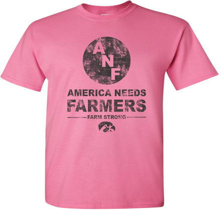 ANF (America Needs Farmers) began in 1985 during Farm Crisis that claimed thousands of Iowa farms. This design has the ANF logo with America Needs Farmers, Farm Strong and the Tigerhawk. Printed on a preshrunk, 100% cotton azalea pink t-shirt with black ink. All of our Iowa Hawkeye designs are Officially Licensed and approved by the University of Iowa.