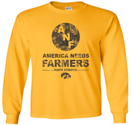 A gold long-sleeve t-shirt with a distressed black design on the front that has the ANF round logo and reads 'ANF AMERICA NEEDS FARMERS FARM STRONG' with an Iowa Hawkeyes Tigerhawk logo underneath.