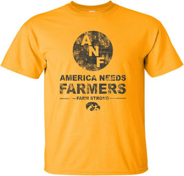 ANF (America Needs Farmers) began in 1985 during Farm Crisis that claimed thousands of Iowa farms. This design has the ANF logo with America Needs Farmers, Farm Strong and the Tigerhawk. Printed on a preshrunk, 100% cotton gold t-shirt with black ink. All of our Iowa Hawkeye designs are Officially Licensed and approved by the University of Iowa.