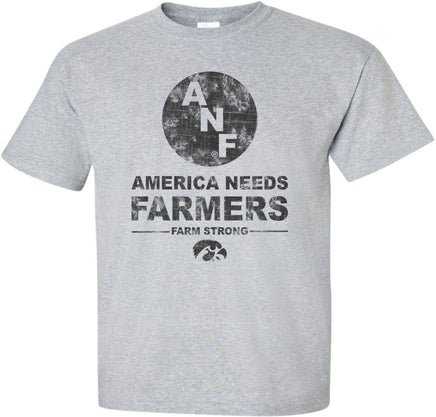 ANF (America Needs Farmers) began in 1985 during Farm Crisis that claimed thousands of Iowa farms. This design has the ANF logo with America Needs Farmers, Farm Strong and the Tigerhawk. Printed on a preshrunk, 90/100 cotton/poly light gray t-shirt with black ink. All of our Iowa Hawkeye designs are Officially Licensed and approved by the University of Iowa.