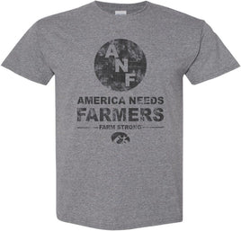 ANF (America Needs Farmers) began in 1985 during Farm Crisis that claimed thousands of Iowa farms. This design has the ANF logo with America Needs Farmers, Farm Strong and the Tigerhawk. Printed on a preshrunk, 50/50 cotton/poly medium gray t-shirt with black ink. All of our Iowa Hawkeye designs are Officially Licensed and approved by the University of Iowa.