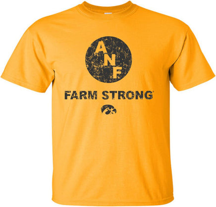 ANF stands for America Needs Farmers and began in 1985 during Farm Crisis. This design has the ANF logo with Farm Strong and the Tigerhawk. Printed on a pre-shrunk, 100% cotton gold t-shirt with black ink. All of our Iowa Hawkeye designs are Officially Licensed and approved by the University of Iowa.