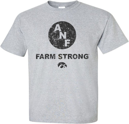 ANF stands for America Needs Farmers and began in 1985 during Farm Crisis. This design has the ANF logo with Farm Strong and the Tigerhawk. Printed on a pre-shrunk, 90/10 cotton/poly light gray t-shirt with black ink. All of our Iowa Hawkeye designs are Officially Licensed and approved by the University of Iowa.
