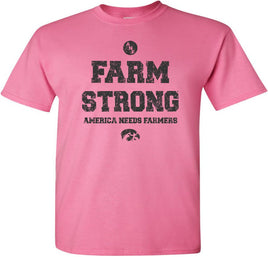 Show your support for our Iowa Farmers. ANF (America Needs Farmers) began in 1985 during Farm Crisis that claimed thousands of Iowa farms. This ANF design has Farm Strong and America Needs Farmers. It also has the circle ANF logo and a Tigerhawk.&nbsp; Printed on a preshrunk, 100% cotton azalea pink t-shirt with black ink. All of our Iowa Hawkeye designs are Officially Licensed and approved by the University of Iowa.