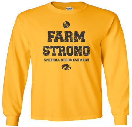 A gold long-sleeve t-shirt with a distressed black design on the front that reads 'FARM STRONG' and 'AMERICA NEEDS FARMERS', featuring the Iowa Hawkeyes Tigerhawk logo at the bottom.
