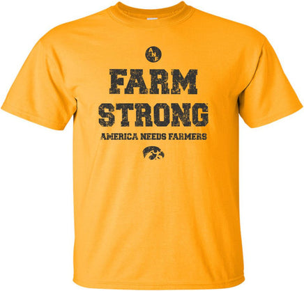 Show your support for our Iowa Farmers. ANF (America Needs Farmers) began in 1985 during Farm Crisis that claimed thousands of Iowa farms. This ANF design has Farm Strong and America Needs Farmers. It also has the circle ANF logo and a Tigerhawk.&nbsp; Printed on a preshrunk, 100% cotton gold t-shirt with black ink. All of our Iowa Hawkeye designs are Officially Licensed and approved by the University of Iowa.