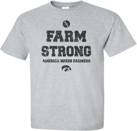 Show your support for our Iowa Farmers. ANF (America Needs Farmers) began in 1985 during Farm Crisis that claimed thousands of Iowa farms. This ANF design has Farm Strong and America Needs Farmers. It also has the circle ANF logo and a Tigerhawk.&nbsp; Printed on a preshrunk, 90/10 cotton/poly light gray t-shirt with black ink. All of our Iowa Hawkeye designs are Officially Licensed and approved by the University of Iowa.