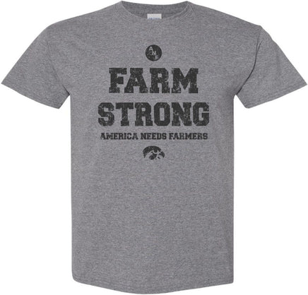 Show your support for our Iowa Farmers. ANF (America Needs Farmers) began in 1985 during Farm Crisis that claimed thousands of Iowa farms. This ANF design has Farm Strong and America Needs Farmers. It also has the circle ANF logo and a Tigerhawk.&nbsp; Printed on a preshrunk, 50/50 cotton/poly medium gray t-shirt with black ink. All of our Iowa Hawkeye designs are Officially Licensed and approved by the University of Iowa.