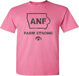 Show your support for our Iowa Farmers with this design that has ANF in the State of Iowa. It also has Farm Strong and the Tigerhawk. ANF stands for America Needs Farmers and began in 1985 during Farm Crisis. Printed on a pre-shrunk, 100% azalea pink t-shirt with black ink. All of our Iowa Hawkeye designs are Officially Licensed and approved by the University of Iowa.