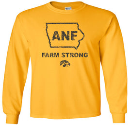 A gold long-sleeve t-shirt with a black distressed design on the front showing the outline of the state of Iowa with 'ANF' inside, the words 'FARM STRONG' below, and the Iowa Hawkeyes Tigerhawk logo underneath.