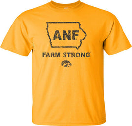 Show your support for our Iowa Farmers with this design that has ANF in the State of Iowa. It also has Farm Strong and the Tigerhawk. ANF stands for America Needs Farmers and began in 1985 during Farm Crisis. Printed on a pre-shrunk, 100% cotton gold t-shirt with black ink. All of our Iowa Hawkeye designs are Officially Licensed and approved by the University of Iowa.