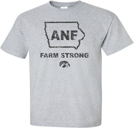 Show your support for our Iowa Farmers with this design that has ANF in the State of Iowa. It also has Farm Strong and the Tigerhawk. ANF stands for America Needs Farmers and began in 1985 during Farm Crisis. Printed on a pre-shrunk, 90/10 cotton/poly light gray t-shirt with black ink. All of our Iowa Hawkeye designs are Officially Licensed and approved by the University of Iowa.