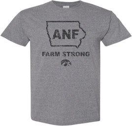 Show your support for our Iowa Farmers with this design that has ANF in the State of Iowa. It also has Farm Strong and the Tigerhawk. ANF stands for America Needs Farmers and began in 1985 during Farm Crisis. Printed on a pre-shrunk, 50/50 cotton/poly medium gray t-shirt with black ink. All of our Iowa Hawkeye designs are Officially Licensed and approved by the University of Iowa.