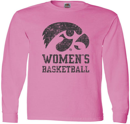 Show your love and support of our Iowa Women's Basketball team! This design says it all with a big Tigerhawk above Women's Basketball. Printed on a pre-shrunk, 100% cotton azalea pink long sleeve t-shirt with black ink. All of our Iowa Hawkeye designs are Officially Licensed and approved by the University of Iowa.