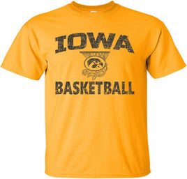Cheer on our Iowa Hawkeye Men's and Women's Basketball teams with this Iowa Basketball design that has the Tigerhawk in a basketball net. Printed on a pre-shrunk, 100% cotton gold t-shirt with black ink. All of our Iowa Hawkeye designs are Officially Licensed and approved by the University of Iowa.