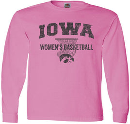 Show your support for our Iowa Women's Basketball team! This design has Iowa Women's Basketball and the Tigerhawk under a basketball net. Printed on a pre-shrunk, 100% cotton azalea pink long sleeve t-shirt with black ink. All of our Iowa Hawkeye designs are Officially Licensed and approved by the University of Iowa.