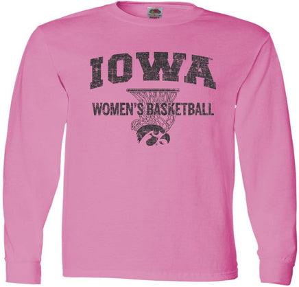 Show your support for our Iowa Women's Basketball team! This design has Iowa Women's Basketball and the Tigerhawk under a basketball net. Printed on a pre-shrunk, 100% cotton azalea pink long sleeve t-shirt with black ink. All of our Iowa Hawkeye designs are Officially Licensed and approved by the University of Iowa.