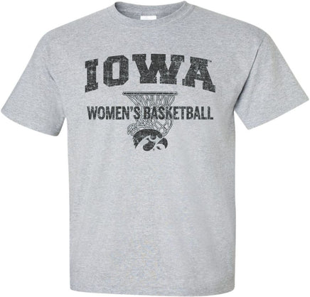 Show your support for our Iowa Women's Basketball team! This design has Iowa Women's Basketball and the Tigerhawk under a basketball net. Printed on a pre-shrunk, 90/10 cotton/poly light gray t-shirt with black ink. All of our Iowa Hawkeye designs are Officially Licensed and approved by the University of Iowa.