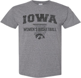 Show your support for our Iowa Women's Basketball team! This design has Iowa Women's Basketball and the Tigerhawk under a basketball net. Printed on a pre-shrunk, 50/50 cotton/poly medium gray t-shirt with black ink. All of our Iowa Hawkeye designs are Officially Licensed and approved by the University of Iowa.
