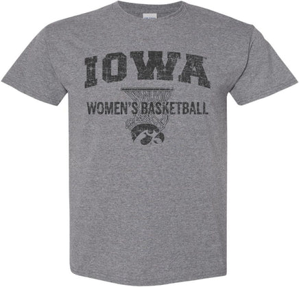 Show your support for our Iowa Women's Basketball team! This design has Iowa Women's Basketball and the Tigerhawk under a basketball net. Printed on a pre-shrunk, 50/50 cotton/poly medium gray t-shirt with black ink. All of our Iowa Hawkeye designs are Officially Licensed and approved by the University of Iowa.