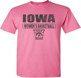 Are you ready to cheer on our Iowa Women's Basketball team at Carver Hawkeye Arena? This design has Iowa Women's Basketball and the oval Tigerhawk logo in a basketball net. Printed on a pre-shrunk, 100% cotton azalea pink t-shirt with black ink. All of our Iowa Hawkeye designs are Officially Licensed and approved by the University of Iowa.
