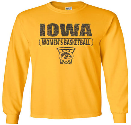 Are you ready to cheer on our Iowa Women's Basketball team at Carver Hawkeye Arena? This design has Iowa Women's Basketball and the oval Tigerhawk logo in a basketball net. Printed on a pre-shrunk, 100% cotton gold long sleeve t-shirt with black ink. All of our Iowa Hawkeye designs are Officially Licensed and approved by the University of Iowa.