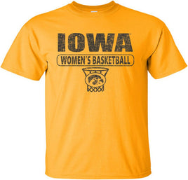 Are you ready to cheer on our Iowa Women's Basketball team at Carver Hawkeye Arena? This design has Iowa Women's Basketball and the oval Tigerhawk logo in a basketball net. Printed on a pre-shrunk, 100% cotton gold t-shirt with black ink. All of our Iowa Hawkeye designs are Officially Licensed and approved by the University of Iowa.