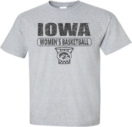 Are you ready to cheer on our Iowa Women's Basketball team at Carver Hawkeye Arena? This design has Iowa Women's Basketball and the oval Tigerhawk logo in a basketball net. Printed on a pre-shrunk, 90/10 cotton/poly light gray t-shirt with black ink. All of our Iowa Hawkeye designs are Officially Licensed and approved by the University of Iowa.
