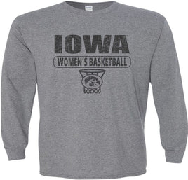 Are you ready to cheer on our Iowa Women's Basketball team at Carver Hawkeye Arena? This design has Iowa Women's Basketball and the oval Tigerhawk logo in a basketball net. Printed on a pre-shrunk, 50/50 cotton/poly medium gray long sleeve t-shirt with black ink. All of our Iowa Hawkeye designs are Officially Licensed and approved by the University of Iowa.