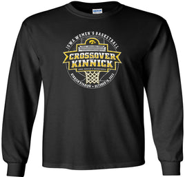 The Iowa Women's Basketball Crossover at Kinnick event will be played at Kinnick Stadium on October 15, 2023. Let's pack Kinnick Stadium and cheer on our Iowa Women's Basketball Team! Printed on a pre-shrunk, 100% cotton black long sleeve t-shirt with white, black and gold ink. Officially Licensed by Iowa.