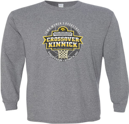 The Iowa Women's Basketball Crossover at Kinnick event will be played at Kinnick Stadium on October 15, 2023. Let's pack Kinnick Stadium and cheer on our Iowa Women's Basketball Team! Printed on a pre-shrunk, 50/50 cotton/poly medium gray long sleeve t-shirt with white, black and gold ink. Officially Licensed by Iowa.