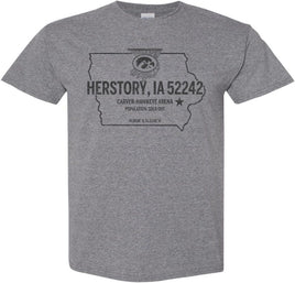 Herstory, Iowa 52242...where dreams come true, records are broken and herstory is made. The perfect shirt to celebrate so many incredible memories made inside Carver-Hawkeye Arena by our Iowa Women's Basketball Team! This design has Herstory, IA 52242, with an outline of the state of Iowa, a star with the location of Iowa City and the 52242 zip code, and the latitude and longitude coordinates of Carver-Hawkeye arena. The design also has the Tigerhawk logo inside of a swishing basketball hoop.