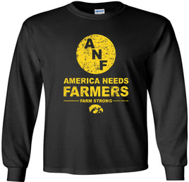 This design has the ANF logo with America Needs Farmers, Farm Strong and the Tigerhawk. Printed on a preshrunk, 100% cotton black long sleeve t-shirt with gold ink.