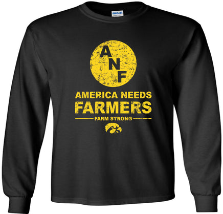 This design has the ANF logo with America Needs Farmers, Farm Strong and the Tigerhawk. Printed on a preshrunk, 100% cotton black long sleeve t-shirt with gold ink.