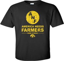 ANF (America Needs Farmers) began in 1985 during Farm Crisis that claimed thousands of Iowa farms. This design has the ANF logo with America Needs Farmers, Farm Strong and the Tigerhawk. Printed on a preshrunk, 100% cotton black t-shirt with gold ink. All of our Iowa Hawkeye designs are Officially Licensed and approved by the University of Iowa.