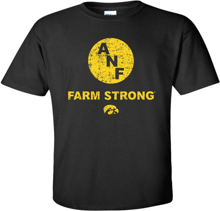 ANF stands for America Needs Farmers and began in 1985 during Farm Crisis. This design has the ANF logo with Farm Strong and the Tigerhawk. Printed on a preshrunk, 100% cotton black t-shirt with gold ink. All of our Iowa Hawkeye designs are Officially Licensed and approved by the University of Iowa.