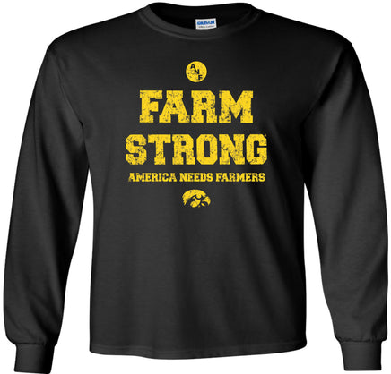 A black long-sleeve t-shirt with  distressed gold ink on the front that reads 'FARM STRONG' and 'AMERICA NEEDS FARMERS' with the Tigerhawk logo.