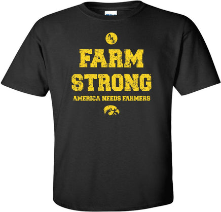 Show your support for our Iowa Farmers. This ANF design has Farm Strong and America Needs Farmers. It also has the circle ANF logo and a Tigerhawk. Printed on a preshrunk, 100% cotton black t-shirt with gold ink. All of our Iowa Hawkeye designs are Officially Licensed and approved by the University of Iowa.