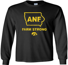 A black long-sleeve t-shirt with a gold distressed design on the front showing the outline of the state of Iowa with the letters 'ANF' and the words 'FARM STRONG' below it, and the Tigerhawk below.