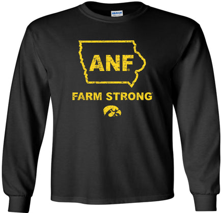 A black long-sleeve t-shirt with a gold distressed design on the front showing the outline of the state of Iowa with the letters 'ANF' and the words 'FARM STRONG' below it, and the Tigerhawk below.