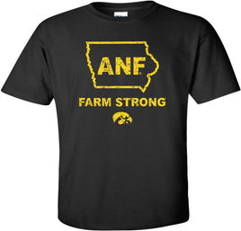 Show your support for our Iowa Farmers. This design features ANF in the State of Iowa along with Farm Strong and the Tigerhawk. Printed on a preshrunk, 100% cotton black t-shirt with gold ink. All of our Iowa Hawkeye designs are Officially Licensed and approved by the University of Iowa.