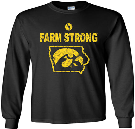 A black long-sleeve t-shirt with a distressed gold design on the front that reads 'FARM STRONG' above an outline of the state of Iowa containing the Tigerhawk logo. 