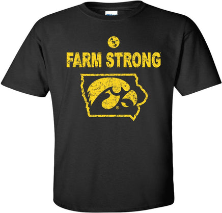 We are Farm Strong and this is a Hawkeye State! This design has Farm Strong with the Tigerhawk in the State of Iowa, and the ANF logo is above the Farm Strong. Printed on a preshrunk, 100% cotton black youth t-shirt with gold ink. All of our Iowa Hawkeye designs are Officially Licensed and approved by the University of Iowa.