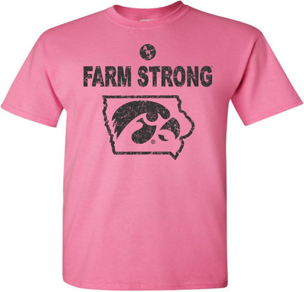 We are Farm Strong and this is a Hawkeye State! This design has Farm Strong with the Tigerhawk in the State of Iowa, and the ANF logo is above the Farm Strong. Printed on a preshrunk, 100% cotton azalea pink t-shirt with black ink. All of our Iowa Hawkeye designs are Officially Licensed and approved by the University of Iowa.