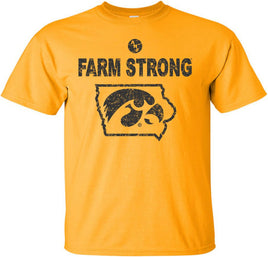 We are Farm Strong and this is a Hawkeye State! This design has Farm Strong with the Tigerhawk in the State of Iowa, and the ANF logo is above the Farm Strong. Printed on a preshrunk, 100% cotton gold t-shirt with black ink. All of our Iowa Hawkeye designs are Officially Licensed and approved by the University of Iowa.