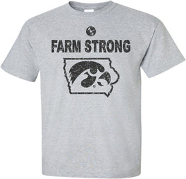 We are Farm Strong and this is a Hawkeye State! This design has Farm Strong with the Tigerhawk in the State of Iowa, and the ANF logo is above the Farm Strong. Printed on a preshrunk, 90/10 cotton/poly medium gray t-shirt with black ink. All of our Iowa Hawkeye designs are Officially Licensed and approved by the University of Iowa.