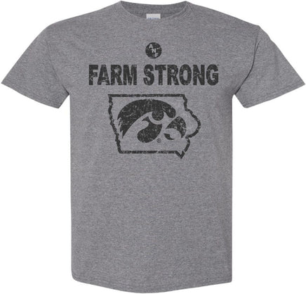 We are Farm Strong and this is a Hawkeye State! This design has Farm Strong with the Tigerhawk in the State of Iowa, and the ANF logo is above the Farm Strong. Printed on a preshrunk, 50/50 cotton/poly medium gray t-shirt with black ink. All of our Iowa Hawkeye designs are Officially Licensed and approved by the University of Iowa.