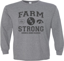 A medium gray long-sleeve t-shirt with a distressed black design on the front that reads 'FARM STRONG' with 'AMERICA NEEDS FARMERS' underneath, alongside the ANF logo and the Iowa Hawkeyes Tigerhawk logo.